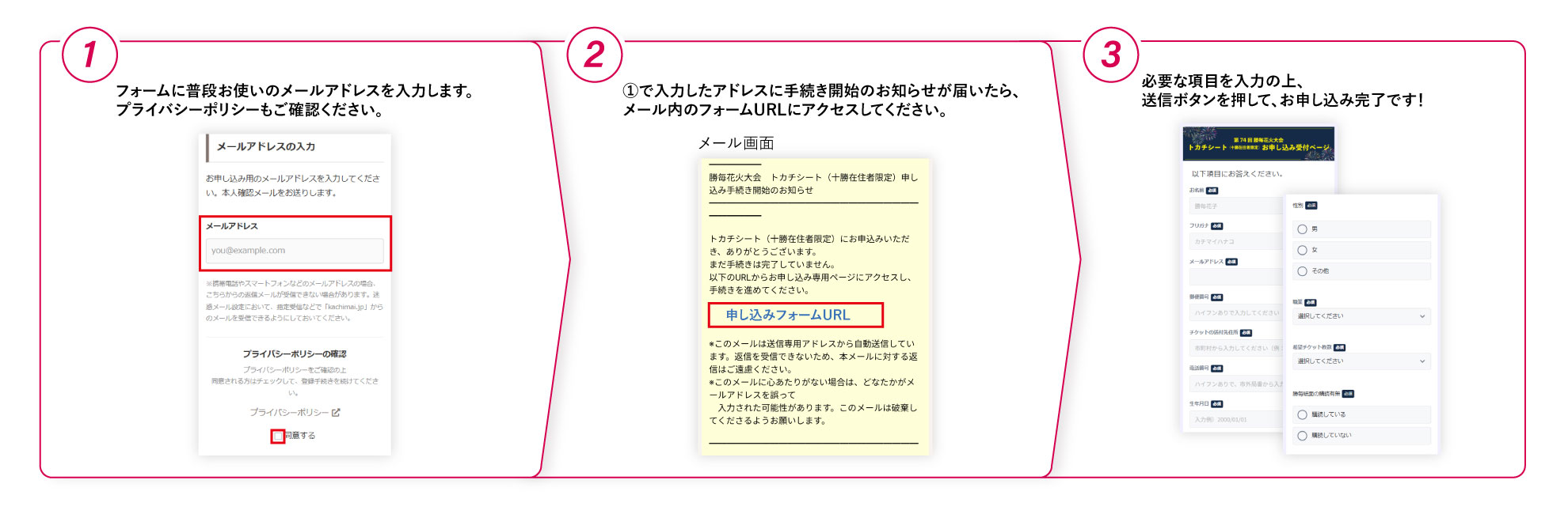 フォームの入方法フローご説明①フォームに普段お使いのメールドレスを入力します。プライバシーポリシーもご確認ください。②1で入力したアドレスに、手続き開始のお知らせが届いたら、メール内のフォームURLにアクセスしてください。③必要な項目を入力の上、送信ボタンを押して、お申込み完了です！